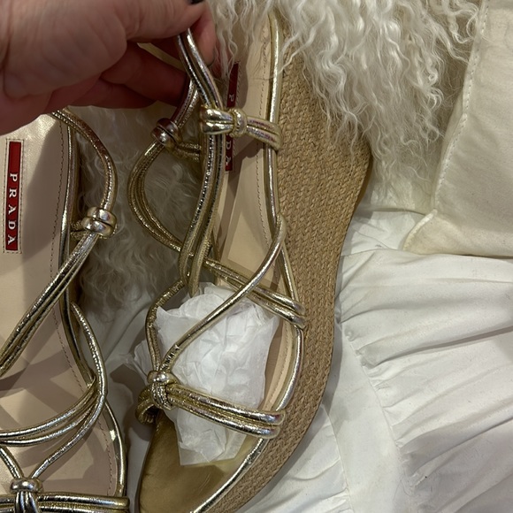 PRADA Gold Leather Strappy Wedged Sandals-39.5 - Picture 10 of 14